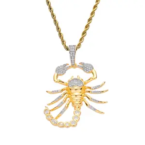 Hip Hop Animal Scorpion Pendant Iced Out Bling Cubic Zircon 18K Gold Plated Novelty Punk Necklace with Stainless Rope Chain