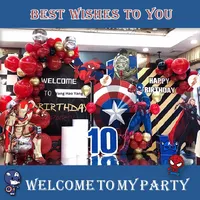Set Dekorasi Ulang Tahun Anak Tema Superhero Kartun Papan KT Dengan Balon Latar Belakang Karakter Pahlawan untuk Bayi Ulang Tahun Pertama