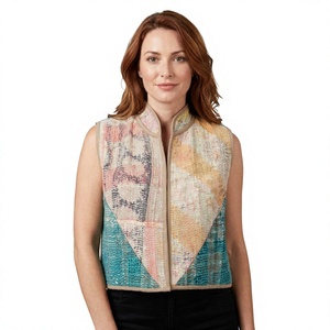 Chaleco Corto Kantha Multicolor Hecho a Mano 100% Algodón para Mujer, Cuello en V, Elegante Diseño de Patchwork, Detalle de Botones, Estilo Vintage, Transpirable - Product Image 1