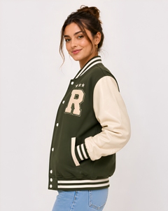 Veste universitaire pour femme, vert beige, avec lettre R brodée, style preppy, coupe classique, logo sur le devant - Product Image 3