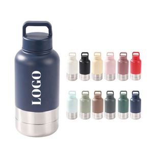 Bouteilles d'eau pour animaux de compagnie en acier inoxydable 304 de 32 oz avec logo personnalisé, 3 en 1, isolées, avec bol amovible et couvercles à poignée portable, sans BPA - Product Image 1