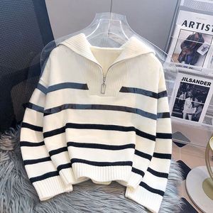 Pull en tricot rayé épais à fermeture éclair pour femme Maxfree, vêtements d'automne et d'hiver - Product Image 1