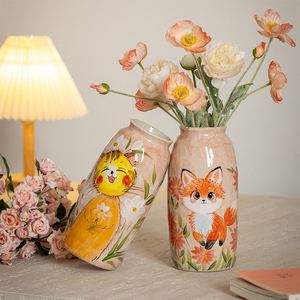 Cute Animal Ceramic <strong>Vase</strong> Set - Healing Fox &amp; <strong>Cat</strong> Pattern, Tabletop Flower <strong>Vase</strong> for Living Room Decor - Product Image 6