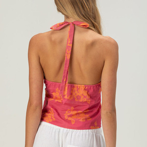Top halter con estampado floral hawaiano personalizado por el fabricante, de lujo, 100% algodón, con escote profundo en V. - Product Image 2