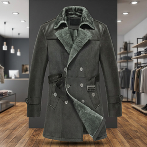 Men's Double Breasted Leather Trench <b>Coat</b> With <b>Faux</b> <b>Fur</b> Lining Turn-down Collar Windproof Winter Long Jacket Casual Style - Product Image 4