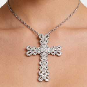 Collar con colgante de cruz de plata personalizado, chapado en oro de 10K/14K/18K, con diamante CVD cultivado en laboratorio, clásico, para regalo de compromiso, cadena para suéter - Product Image 2