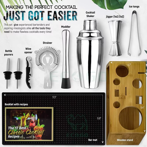 ชุดบาร์เทนเดอร์พรีเมี่ยมแบบออลอินวันอุปกรณ์ทำจากสเตนเลสสตีล11ชิ้นแผ่นรองไม้สำหรับผสมเครื่องดื่มค็อกเทล - Product Image 6