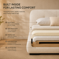 Lit plateforme moderne et écologique en tissu bouclé blanc avec tête de lit arrondie
