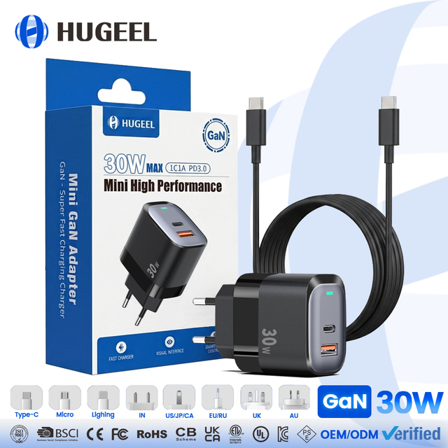Tiktok Hot 30W GaN Type-C Fast Charging Wall Charger CE GS BIS Portable Travel Adapter Laptop/Tablet Phone Charger Cable Kit