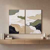 Grande Peinture à l'Huile Abstraite Texturée Faite à la Main sur Toile Beige Vert Noir, Diptyque Moderne pour Mur Intérieur, Taille Personnalisable
