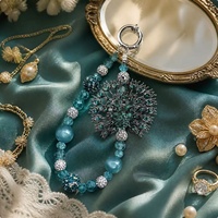 Funda de Teléfono de Lujo con Diseño de Pavo Real, Brillantina, Cristales, Pedrería, Cordón con Cuentas, Adorno de Plata Esmeralda Teal, Joyería Hecha a Mano al por Mayor