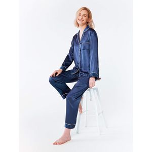 Conjunto de pijama de seda satinada para mujer, de manga larga, con botones, 2 piezas, ropa de dormir suave - Product Image 3