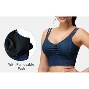 FOXA Crop top en jean pour femme, col en V, rembourré, à bretelles, soutien-gorge de yoga extensible et actif, camisole - Product Image 5