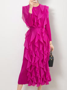 เดรสของผู้หญิงมีจีบแขนยาวคอกลมเดรสแฟชั่นดีไซน์ไม่เหมือนใคร - Product Image 2