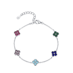 Pulsera de Cadena con Trébol de Cuatro Hojas y Flor de Color de la Suerte en Plata de Ley S925 para Mujer, Versión de Cobre Personalizable - Product Image 1