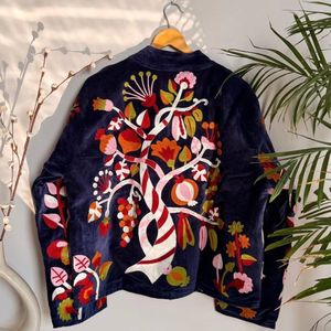 Hand Embroidered Velvet Quilted Bomber <b>Jacket</b> Women's <b>Mandarin</b> <b>Collar</b> Floral Pattern Full Sleeve Autumn/Cotton Zipper Closure - Product Image 4