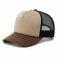 Casquette de baseball unisexe marron style trucker avec dos en maille, devant en mousse, visière courbée, fermeture snapback, six panneaux, réglable, vente en gros