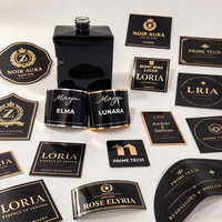 Étiquette en métal noir de luxe personnalisée, logo en relief doré, plaque signalétique en métal autocollante pour flacon de parfum, emballage de boîte cadeau cosmétique
