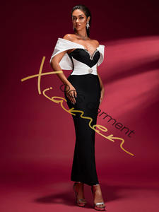 MF Boutique Robe de soirée élégante pour femme, vintage, respirante, à épaules dénudées, blanche, avec strass noirs, en laine droite imprimée naturelle - Product Image 5