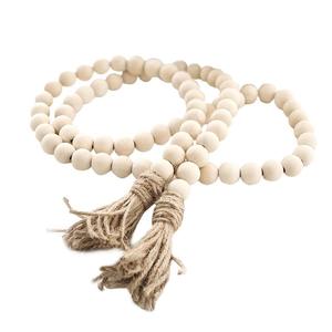 Guirlande de <span class=keywords><strong>perles</strong></span> <span class=keywords><strong>en</strong></span> <span class=keywords><strong>bois</strong></span> de 58 pouces avec pompons, style rustique campagnard, <span class=keywords><strong>perles</strong></span> de prière bohèmes, grande décoration murale - Product Image 3