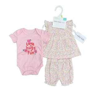 Completo da neonata a 3 pezzi in cotone a costine con stampa floreale traspirante, perfetto per l'esportazione transfrontaliera, con maniche corte - Product Image 5