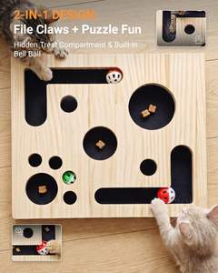 JQ Fun Katzen-Puzzlebox Spielzeug Interaktives Katzenspielzeug Puzzlebox Holz-Leckerli-Labyrinth Kratzspielzeug für Wohnungskatzen - Product Image 2