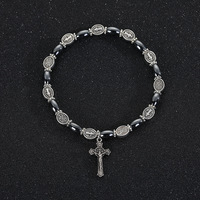 Nouvel Arrivage Transfrontalier AliExpress & Bracelet Croix en Alliage Catholique Saint Benoît avec Onyx Noir - Cadeau Unisexe