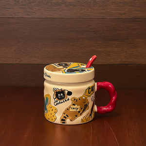 แก้วกาแฟเซรามิกสำหรับเปิดเทอมเป็นมิตรกับสิ่งแวดล้อมพร้อมฝาและช้อนสติกเกอร์การ์ตูนของขวัญของตกแต่งโต๊ะ - Product Image 1