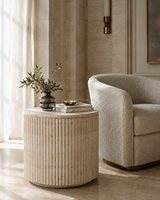 Table d'appoint ronde cannelée en travertin style Wabi Sabi, table basse sur piétement en pierre naturelle, taille personnalisée, mobilier de luxe en pierre OEM