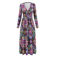 Robe longue ample à taille élastique, manches longues, imprimé floral mandala ethnique, ourlet évasé, coupe trapèze, pour femme, idéale pour les voyages et la plage, avec poches