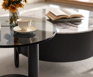 Modern Round <b>Coffee</b> <b>Table</b> <b>Set</b> Tempered Glass Top Metal Frame Storage Drawer Living Room Furniture - Product Image 2