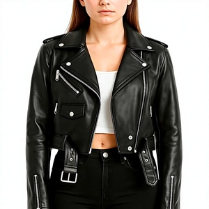 Blouson moto en cuir PU noir, col rabattu, fermeture éclair, coupe ajustée, style motard avec poches, unisexe, pour l'automne - Product Image 1
