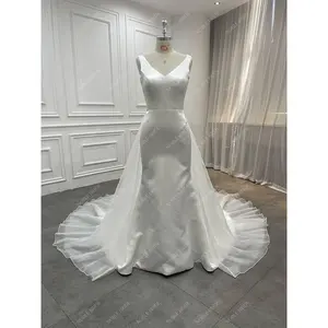Modern Bridal Satin Mermaid Gown 2 in 1 Detachable Organza and Tulle Plus Size Women's Wedding Dress with Chapel Train