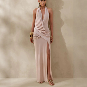 LM R882 Robe longue de soirée <span class=keywords><strong>nude</strong></span>, col licou, décolleté plongeant en V, taille drapée et froncée, fente latérale haute, dos nu, coupe ajustée - Product Image 3