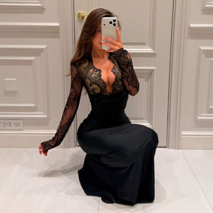 Vestido Largo de Sirena con Cuello en V y Encaje de Pestañas para Mujer, Ajustado, Moldeador de Cintura, Sexy y Elegante para Fiestas Nocturnas - Product Image 2