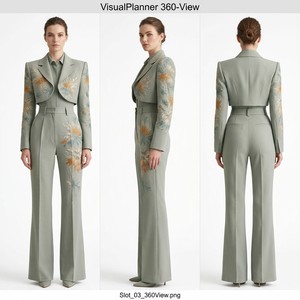 Completo Tre Pezzi da Donna con Bolero Corto Ricamato, Pantaloni a Gamba Larga, Elegante per Ufficio, Verde Salvia e Oro, Lussuoso Personalizzato Jinyuan - Product Image 3