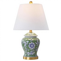 Lampe de table LED 22 pouces, verte et blanche, en céramique et métal, style Chinoiserie, abat-jour en lin traditionnel français, finition laiton doré