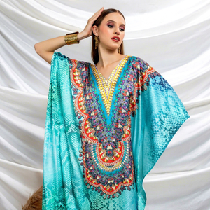 Hot Sale Designer Turkish Style <b>Kaftan</b> Kurta Women Polyester Handmade Batwing Sleeves V Neck Regular Fit Flared Hem Ramadan - Product Image 1
