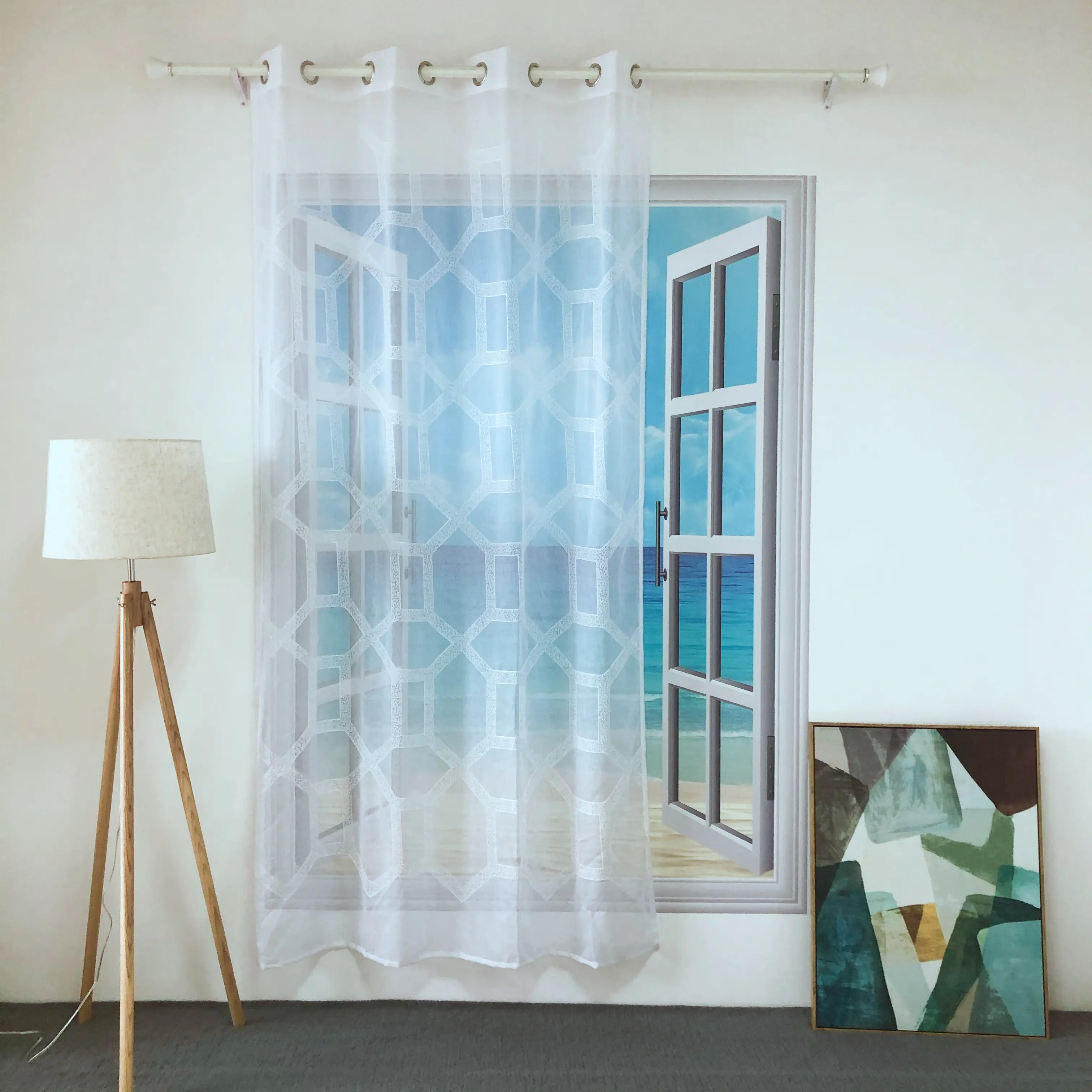 MODERN POLYESTER HOT SELLING WHITE DOLLY VOILE GEOMETRIC EMBROIDERY SHEER PANEL CURTAIN FOR LIVING ROOM AND HOTEL EMD-29 TULLE