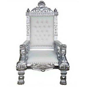 Fauteuil Trône Antique Français en Bois Massif d'Acajou, Revêtement en Cuir PU Blanc Argenté, Capitonnage, Dossier Haut, Style Européen, Taille Mini pour Salon - Product Image 1