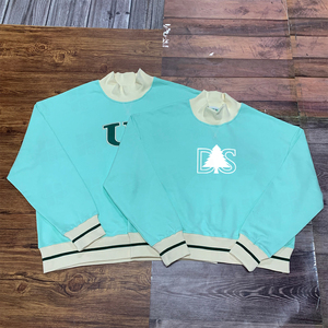 Pull en coton bicolore surdimensionné pour femme avec col montant, bordure à rayures contrastées et broderie appliquée personnalisée – Vente en gros - Product Image 5