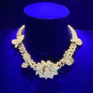 유행 보석 특대 얼음 925 실버 황동 결혼식 신부 블링 칼라 큰 장미 꽃 쿠바 체인 초커 목걸이 여성용 - Product Image 1