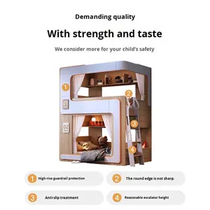 Cama Literas Simple para Apartamento Pequeño, Cama Flotante Doble para Niños con Barandilla Alta, Combinación de Madera Alta y Baja que No Interfiere - Product Image 3