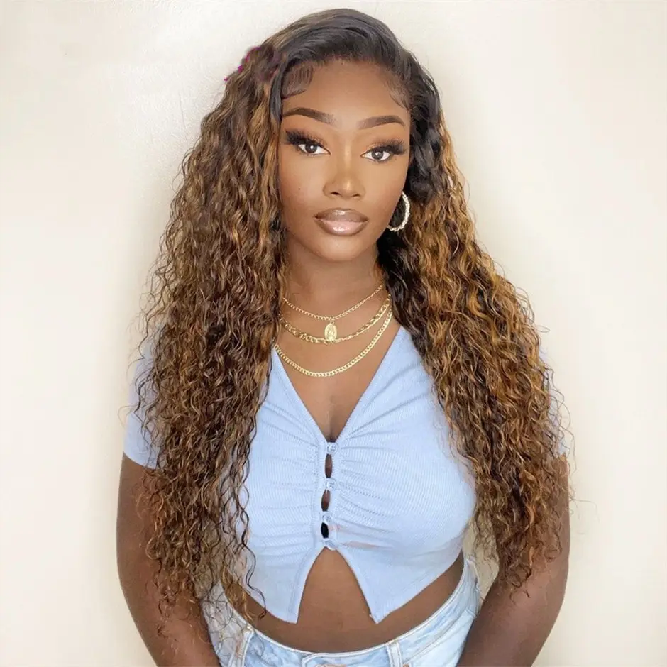 Brazilian Peruvian Water Wave Curly Blue Ombre Highlighted Lace Front HD Full Lace Machine Made Human Hair Wigs For Black Women