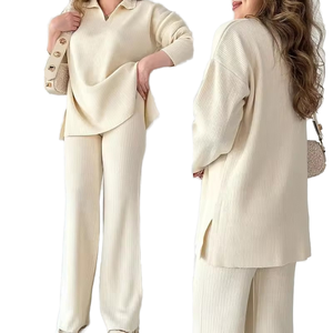 Bộ đồ nữ hai mảnh dệt kim, áo len cổ tròn màu trơn, quần ống rộng xẻ tà, phong cách thu đông, thường ngày - Product Image 1