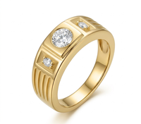 Bague de déclaration pour homme en or massif 14K 18K, large, à trois pierres, avec diamants de laboratoire à taille ronde et nervurés