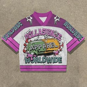 Magliette europee americane retrò High Street con motivo solido a maniche corte in tessuto a maglia Hip-hop stile sportivo - Product Image 6