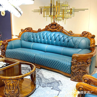 Ensemble de canapés en bois massif meubles de salon art de luxe européen sculpté première couche canapé sectionnel en cuir de vachette pour la décoration intérieure