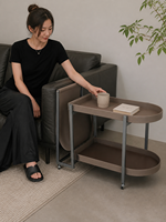 Table basse moderne à deux niveaux en forme de D avec poche de rangement suspendue, en cuir et acier, pour salon et mobilier de maison – Vente directe usine