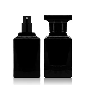 Fábrica Atacado Retangular 50ml Preto Crimp Pescoço Vazio Vidro Perfume Spray Garrafa com caixas de papel